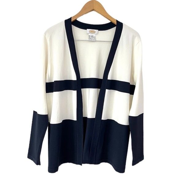 Vintage Talbots Open Front Cardigan Sweater Size M Blue Cream Nautical Preppy - Picture 1 of 8